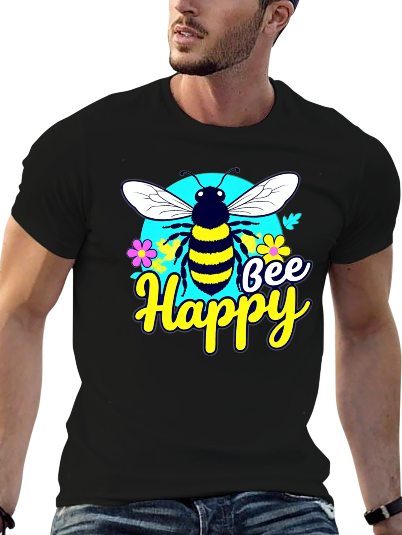 Bee Happy Graphic Tee - Black Casual T-Shirt