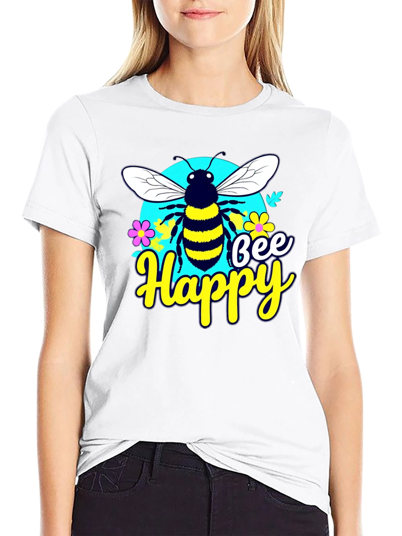Bee Happy Graphic Tee - Black Casual T-Shirt