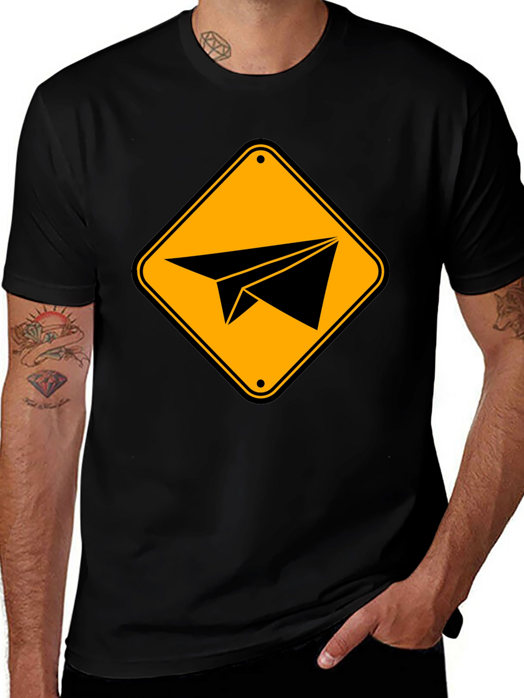 Paper Airplane Sign Graphic T-Shirt - Black
