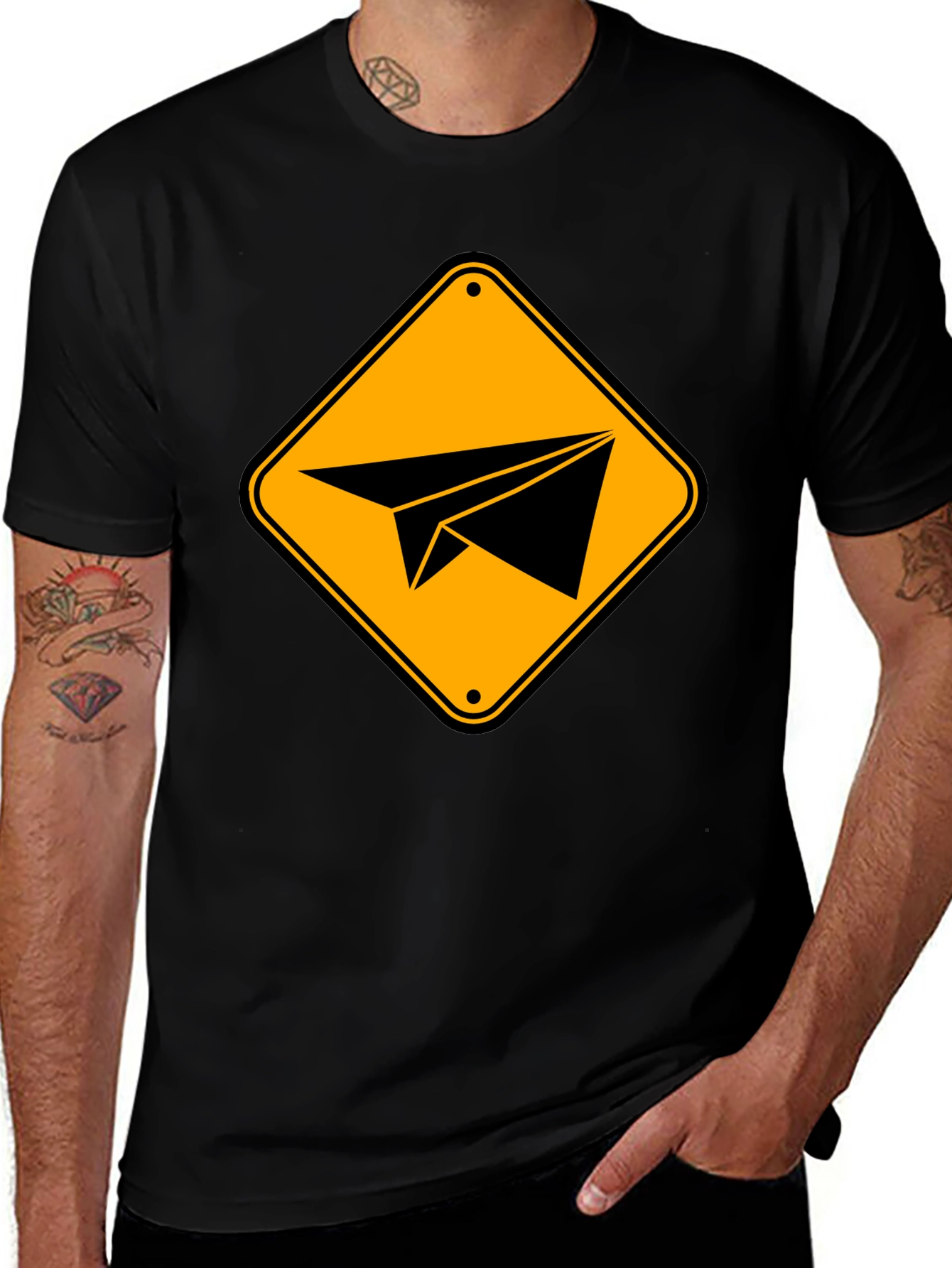 Paper Airplane Sign Graphic T-Shirt - Black