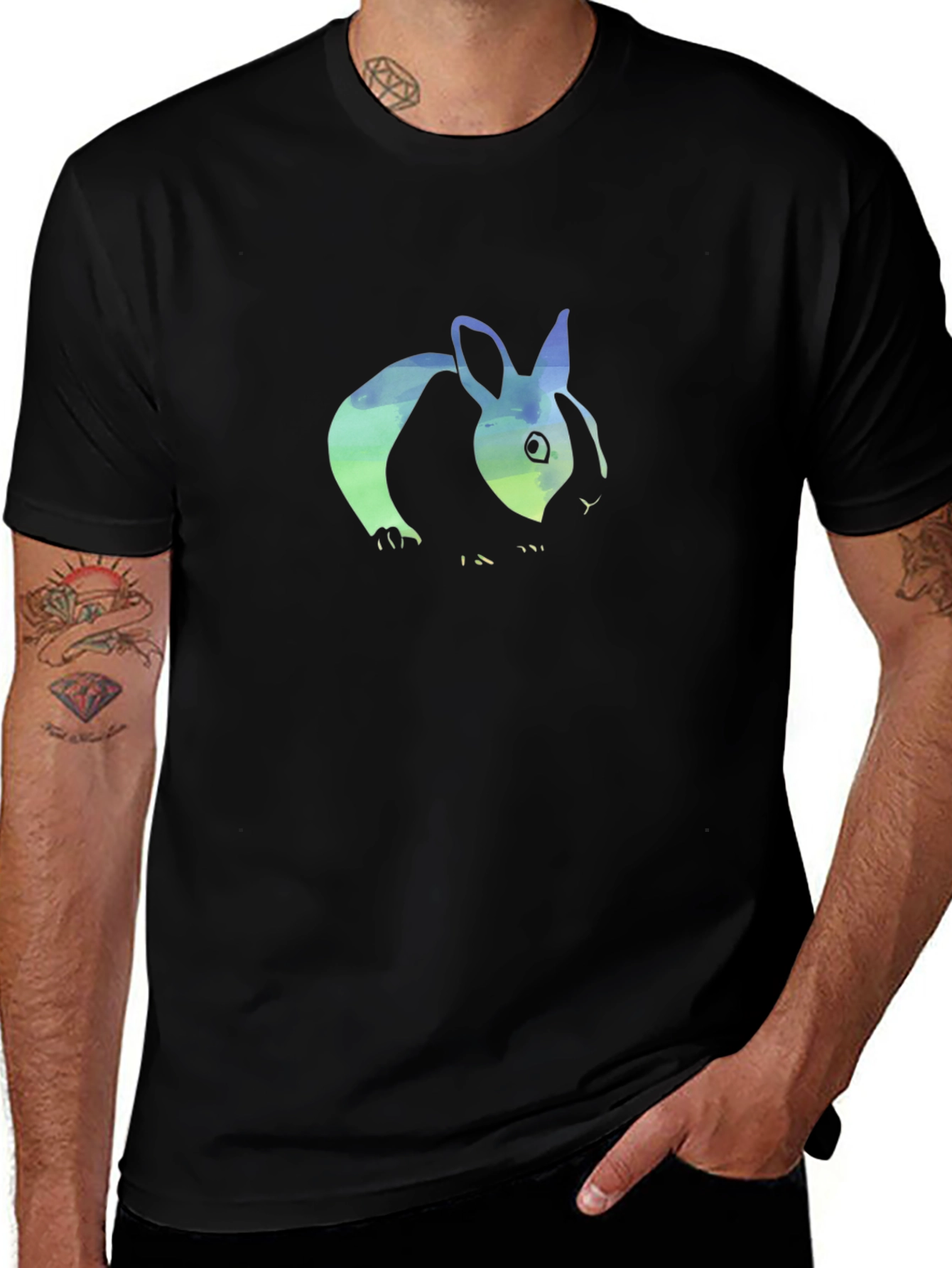 Watercolor Bunny Graphic Tee - Black Cotton Blend
