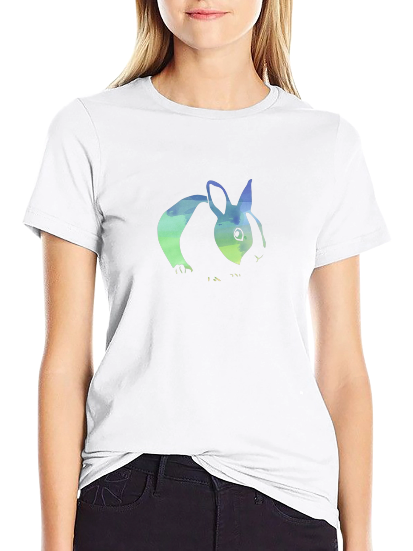 Watercolor Bunny Graphic Tee - Black Cotton Blend