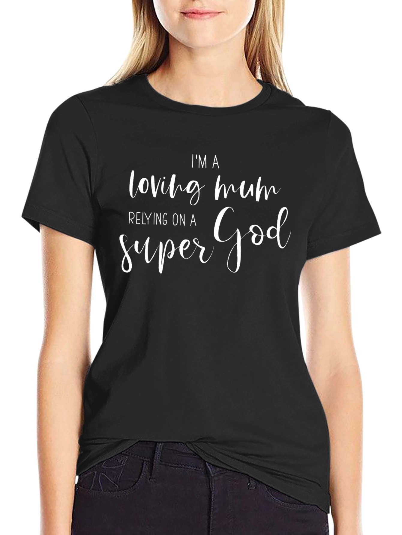 Loving Mum Super God Graphic Tee - Black Cotton T-Shirt