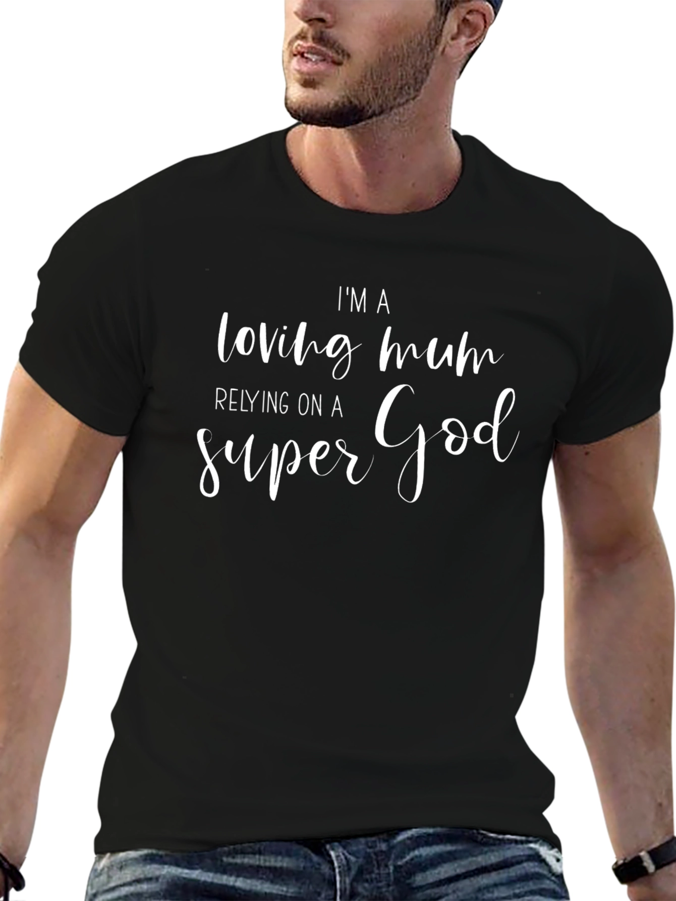 Loving Mum Super God Graphic Tee - Black Cotton T-Shirt