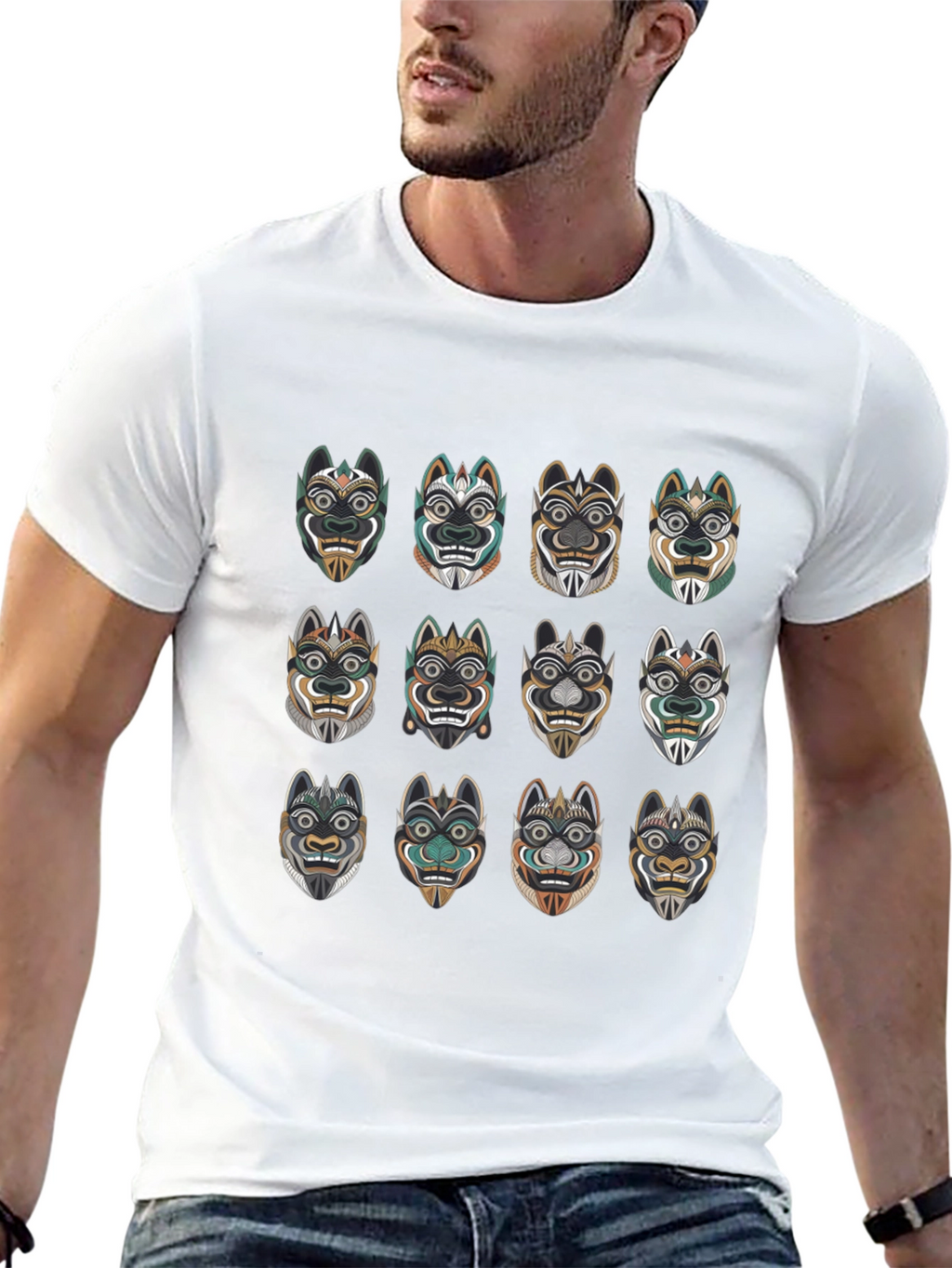 Tribal Mask Graphic Tee - Unique Design
