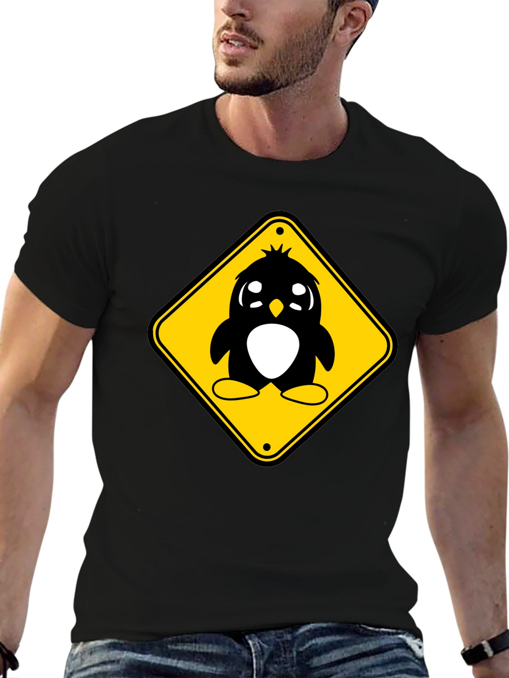 Cute Penguin Crossing T-Shirt - Black Cotton Tee
