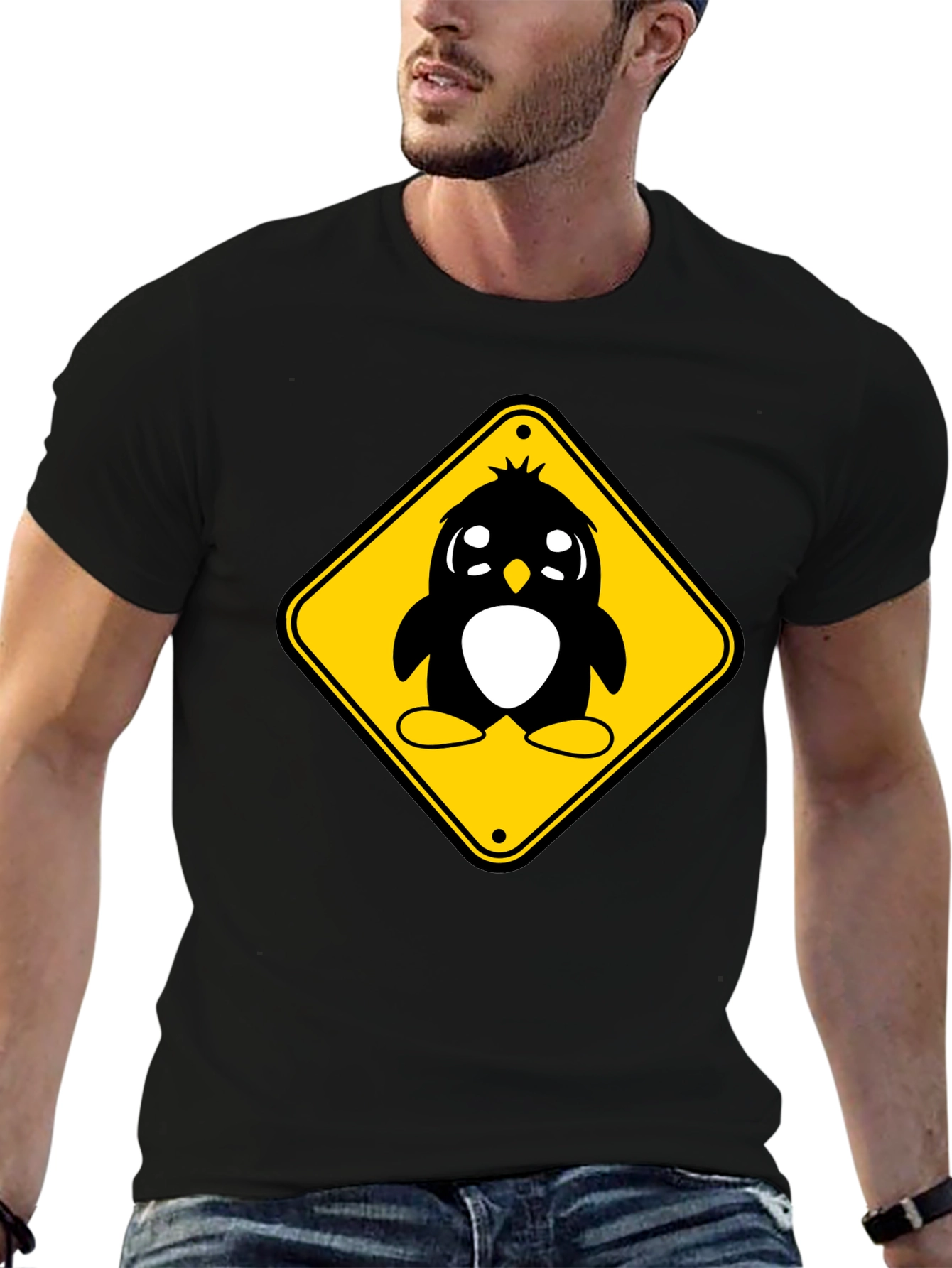 Cute Penguin Crossing T-Shirt - Black Cotton Tee