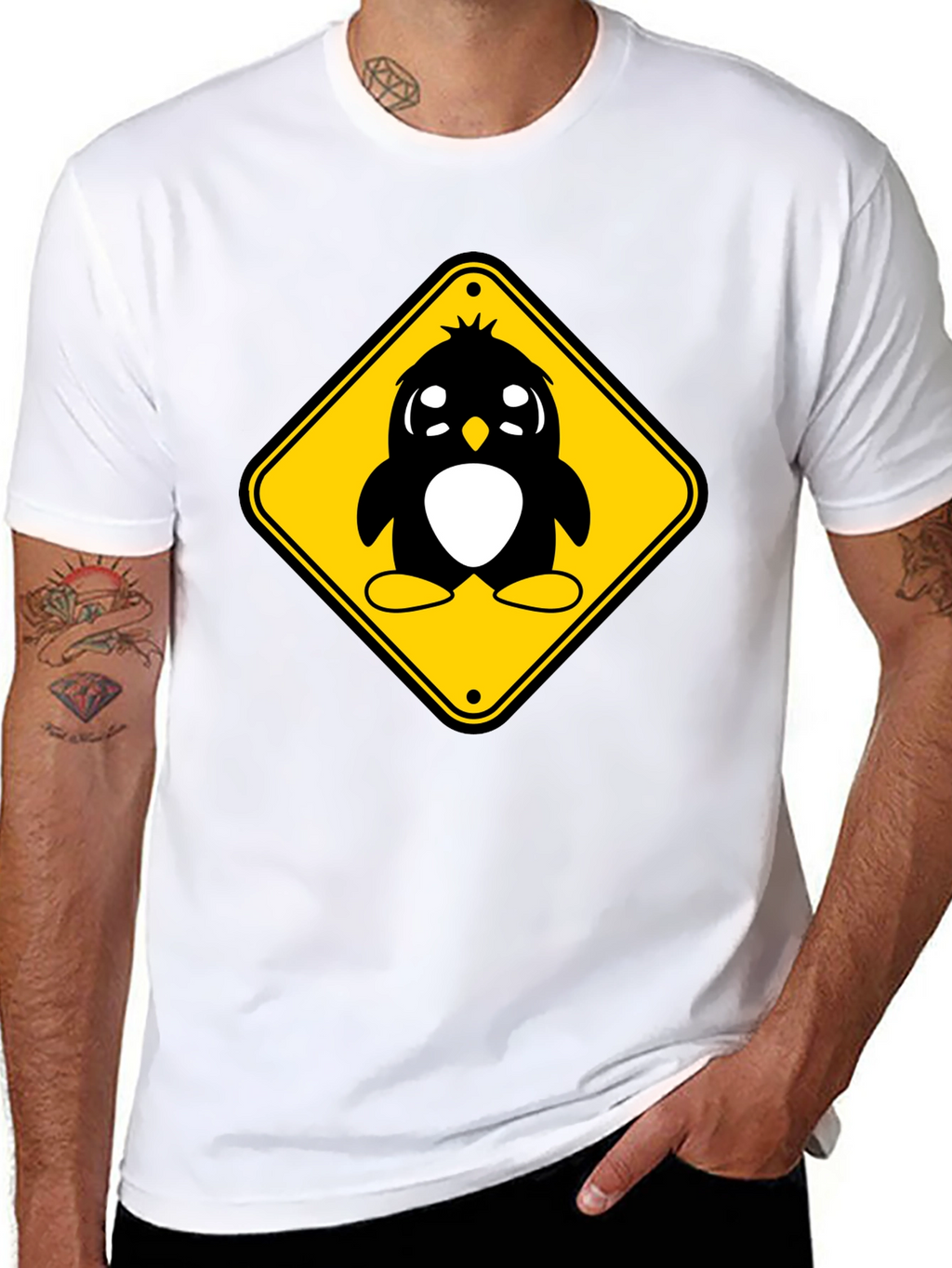 Cute Penguin Crossing T-Shirt - Black Cotton Tee