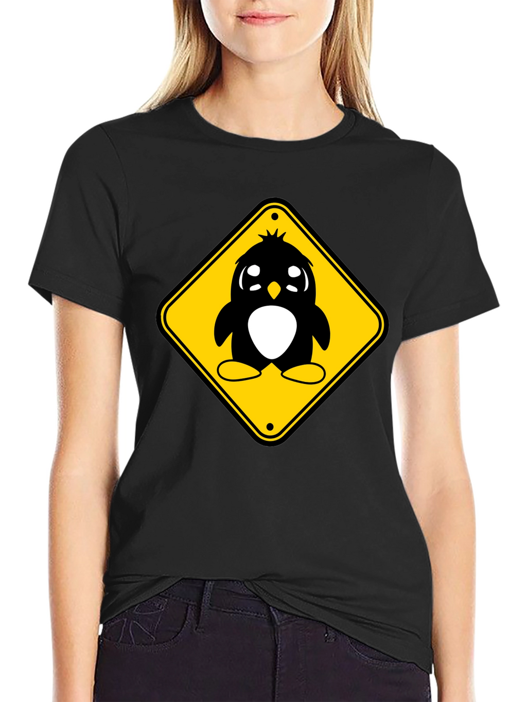 Cute Penguin Crossing T-Shirt - Black Cotton Tee