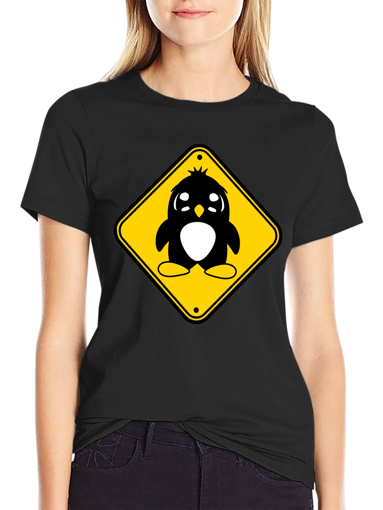 Cute Penguin Crossing T-Shirt - Black Cotton Tee
