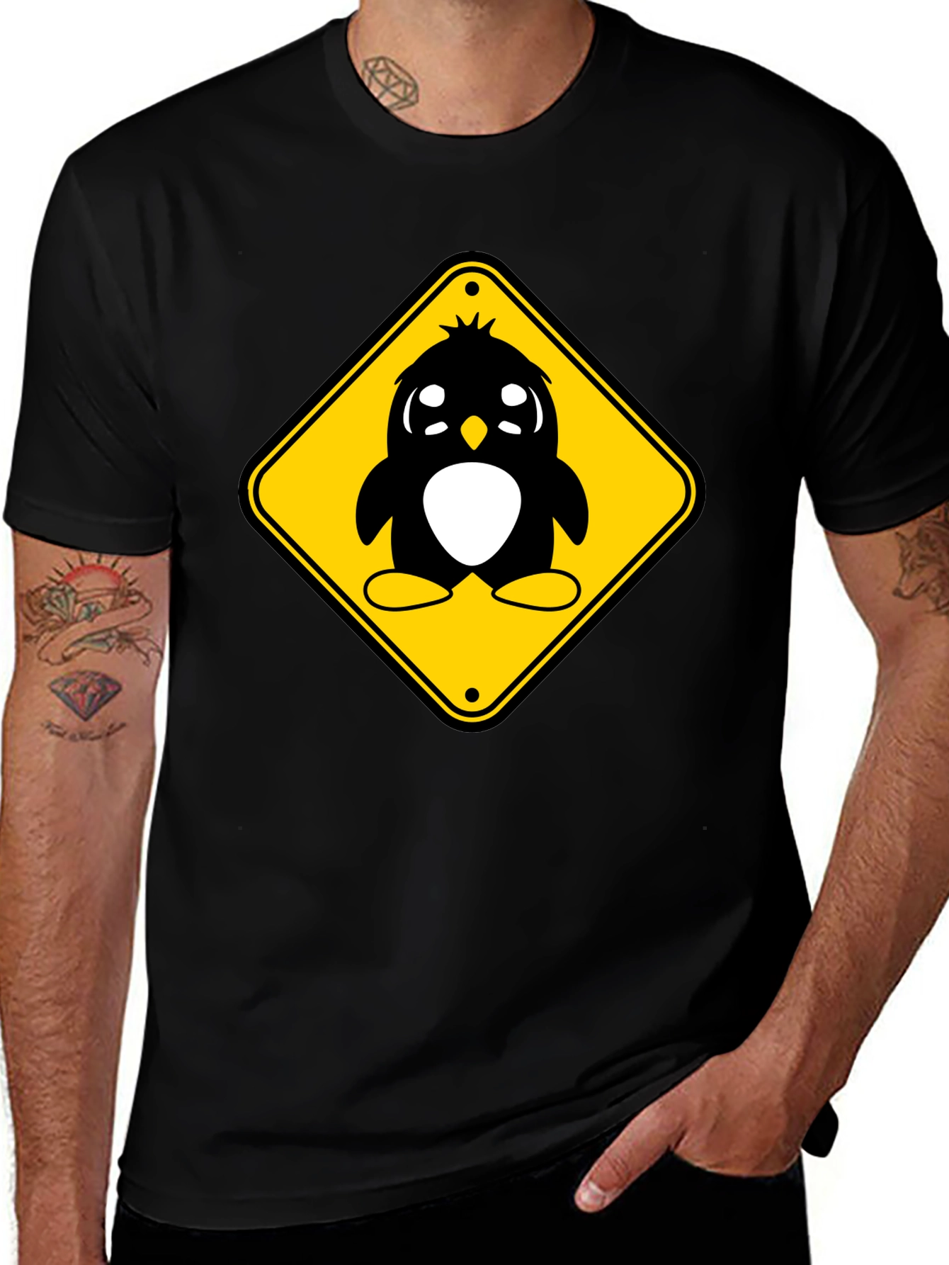Cute Penguin Crossing T-Shirt - Black Cotton Tee