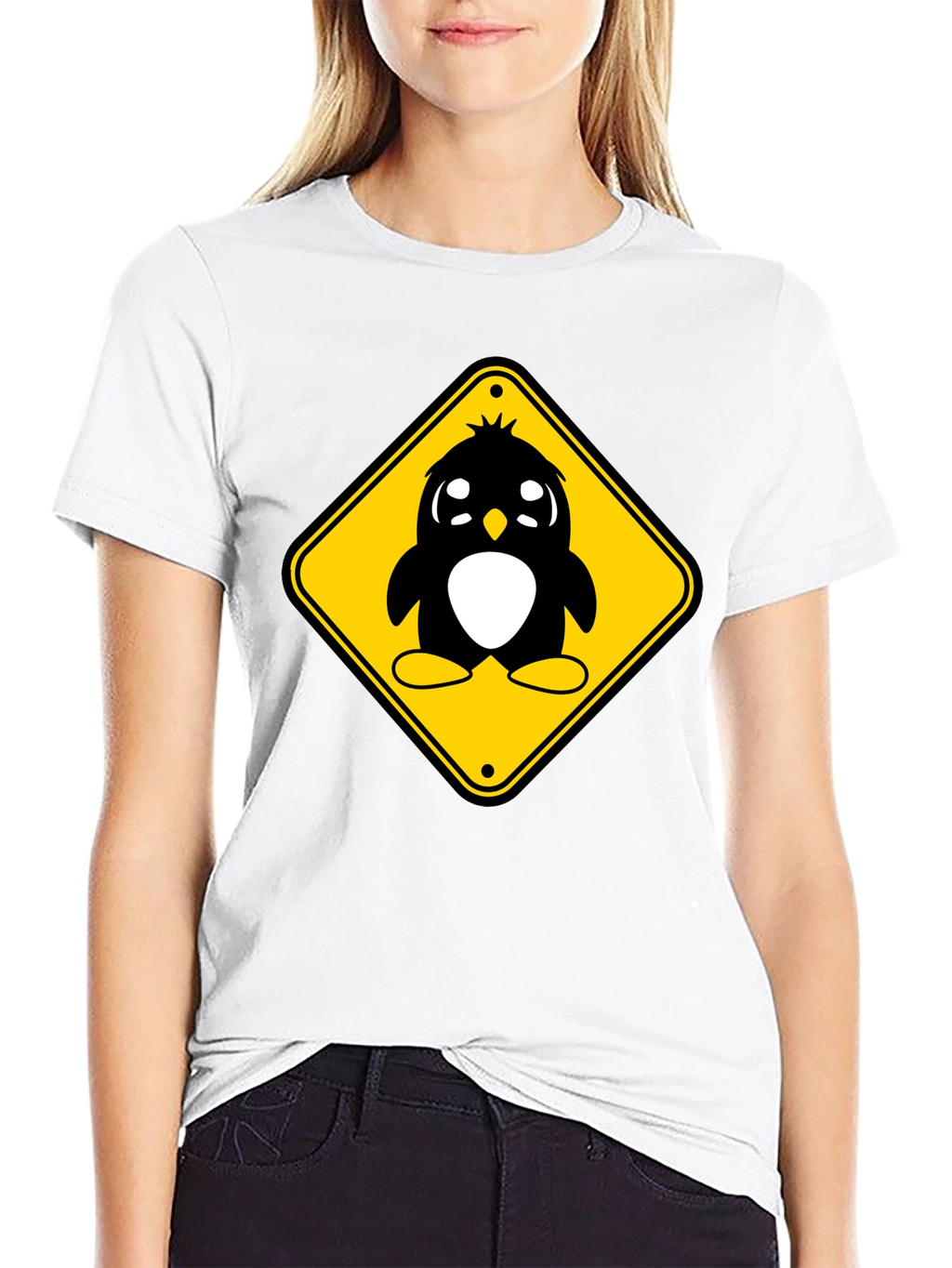 Cute Penguin Crossing T-Shirt - Black Cotton Tee