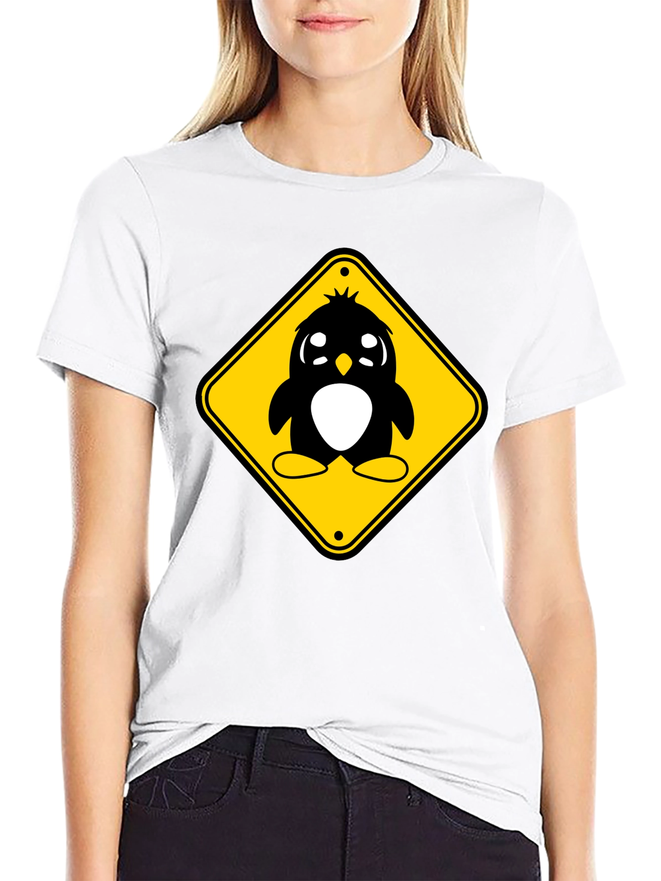 Cute Penguin Crossing T-Shirt - Black Cotton Tee