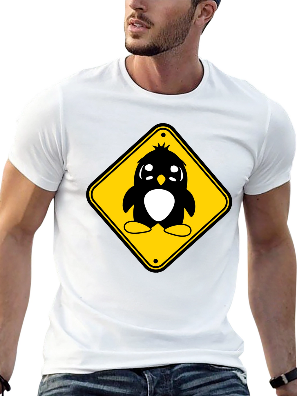 Cute Penguin Crossing T-Shirt - Black Cotton Tee