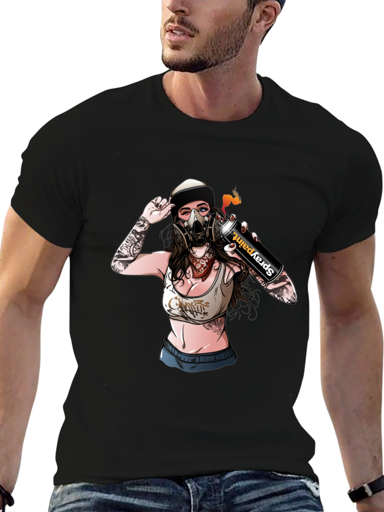 Spray Paint Girl Graphic Black T-Shirt