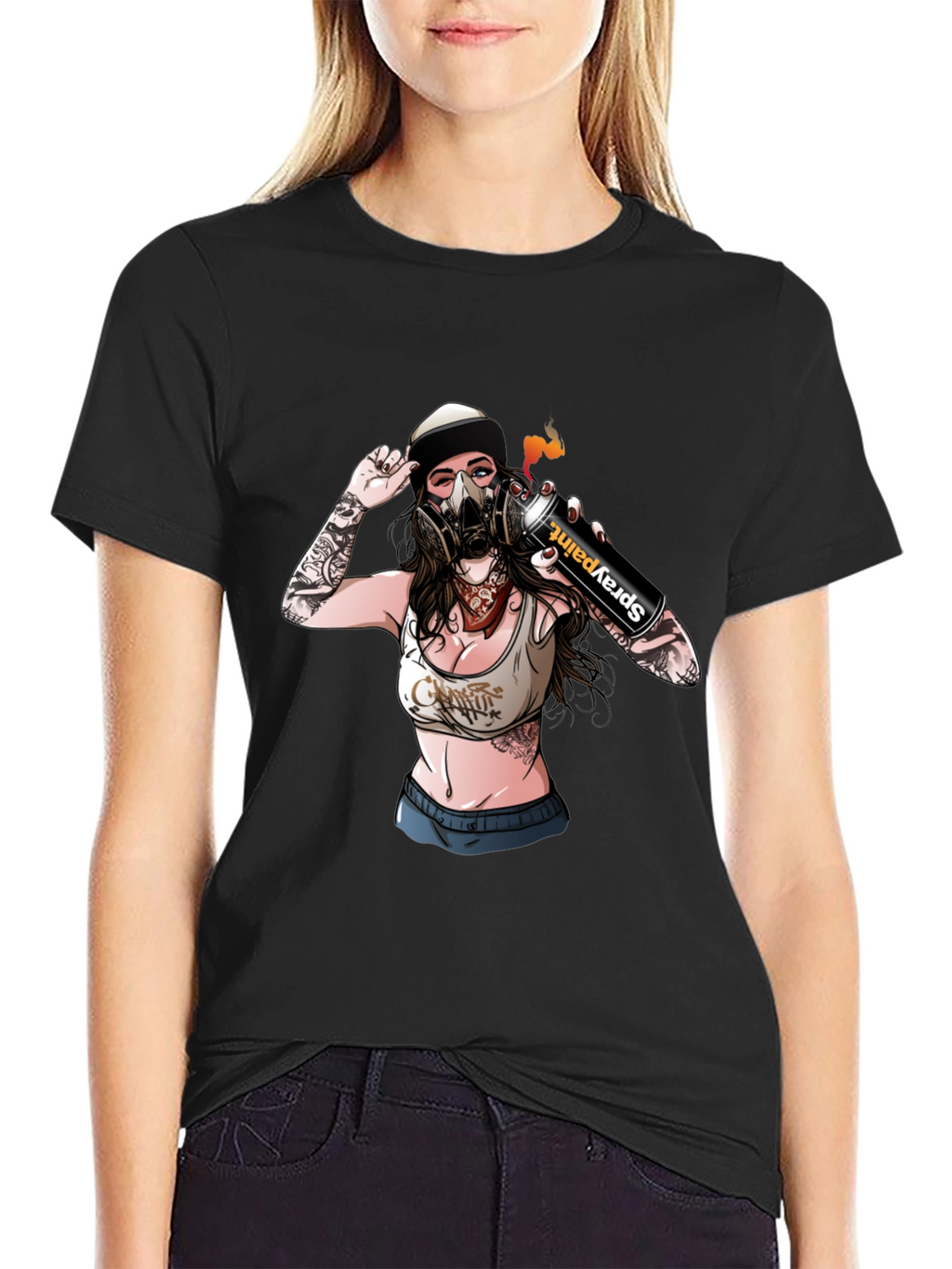 Spray Paint Girl Graphic Black T-Shirt