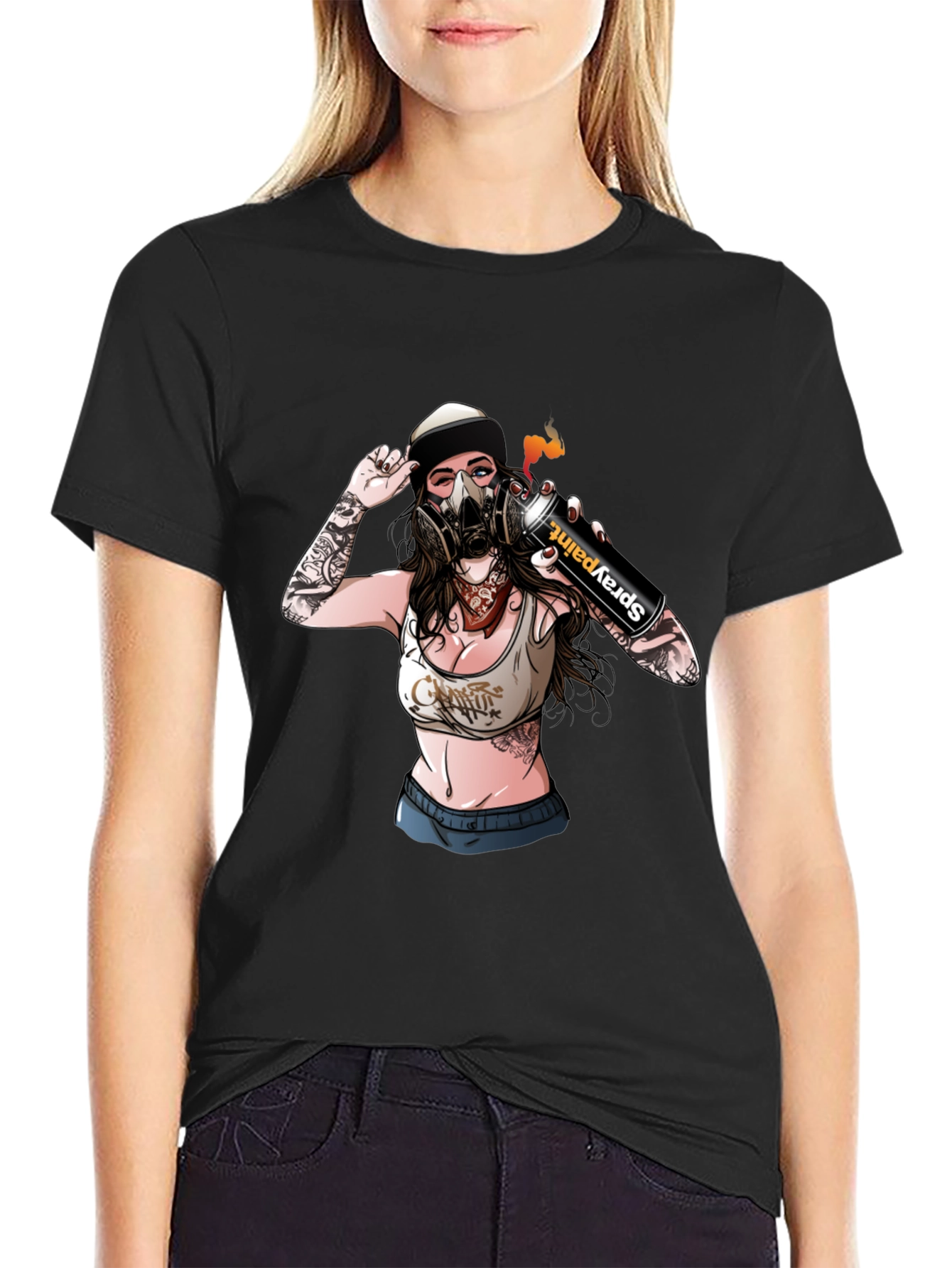 Spray Paint Girl Graphic Black T-Shirt