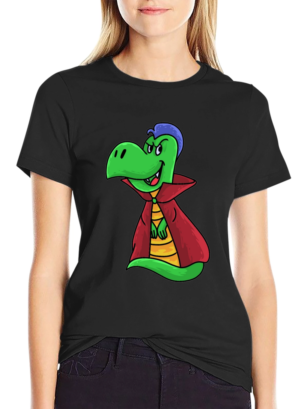 Cartoon Vampire Dinosaur Black T-Shirt