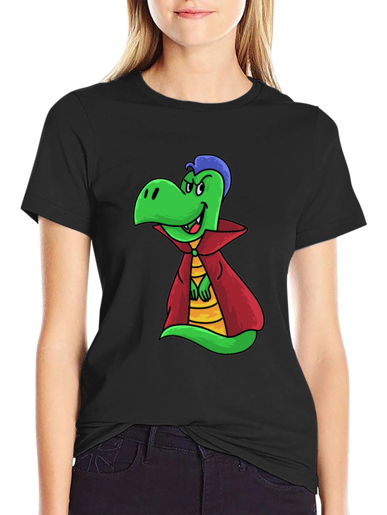 Cartoon Vampire Dinosaur Black T-Shirt