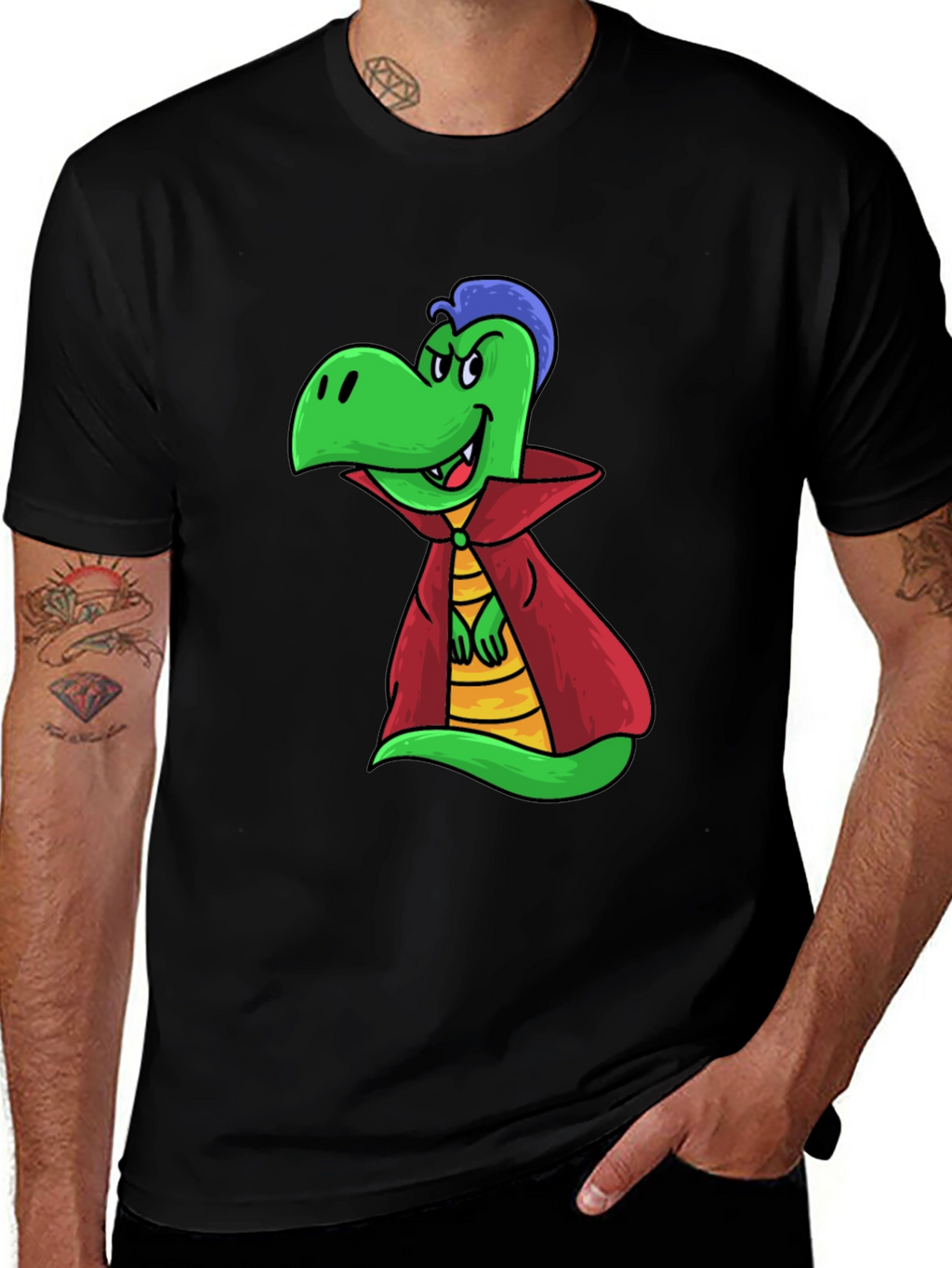 Cartoon Vampire Dinosaur Black T-Shirt