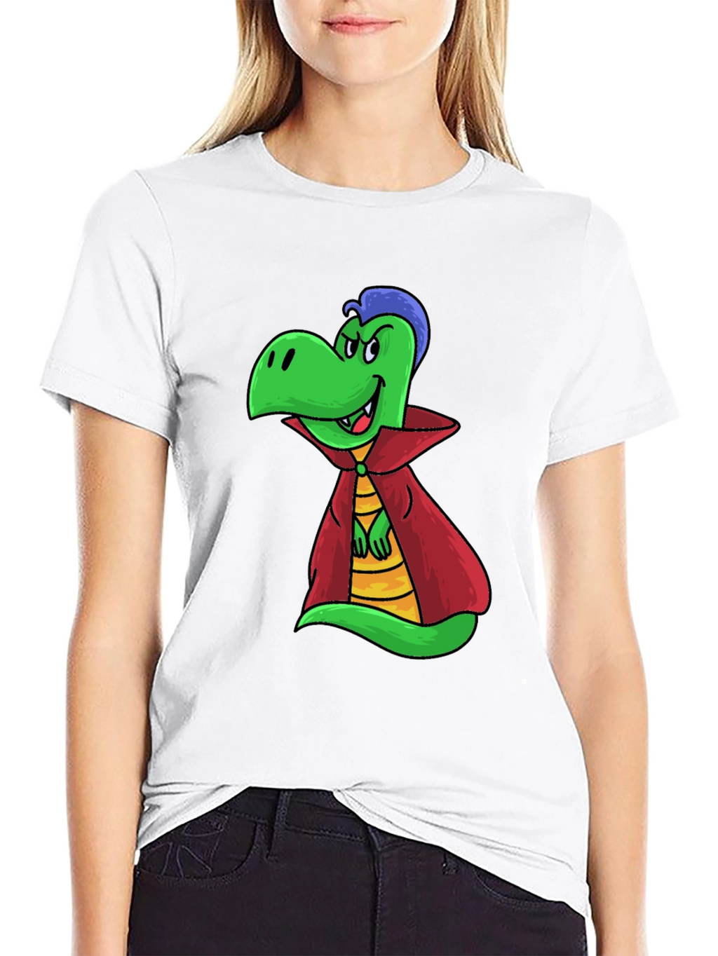 Cartoon Vampire Dinosaur Black T-Shirt
