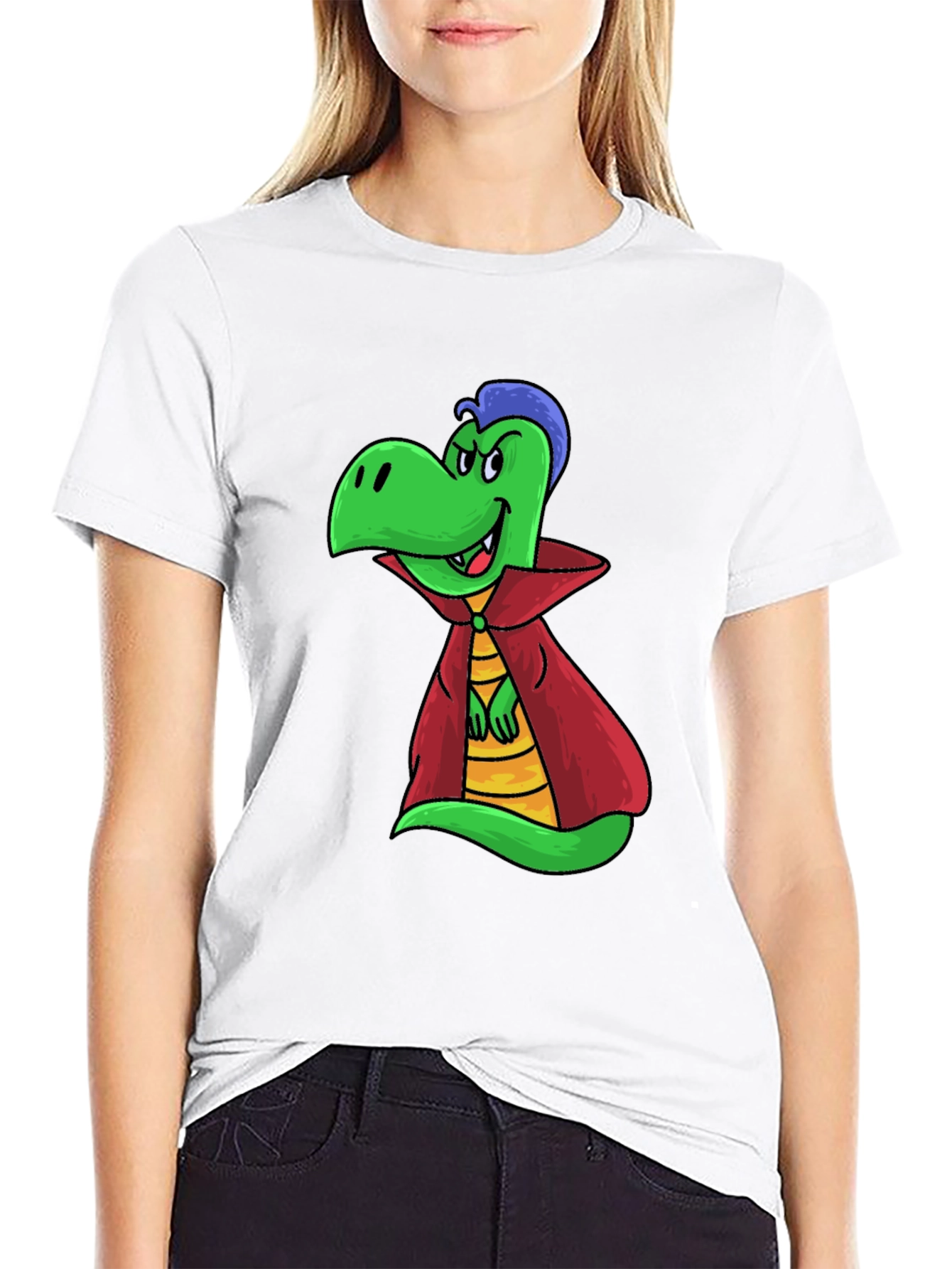 Cartoon Vampire Dinosaur Black T-Shirt