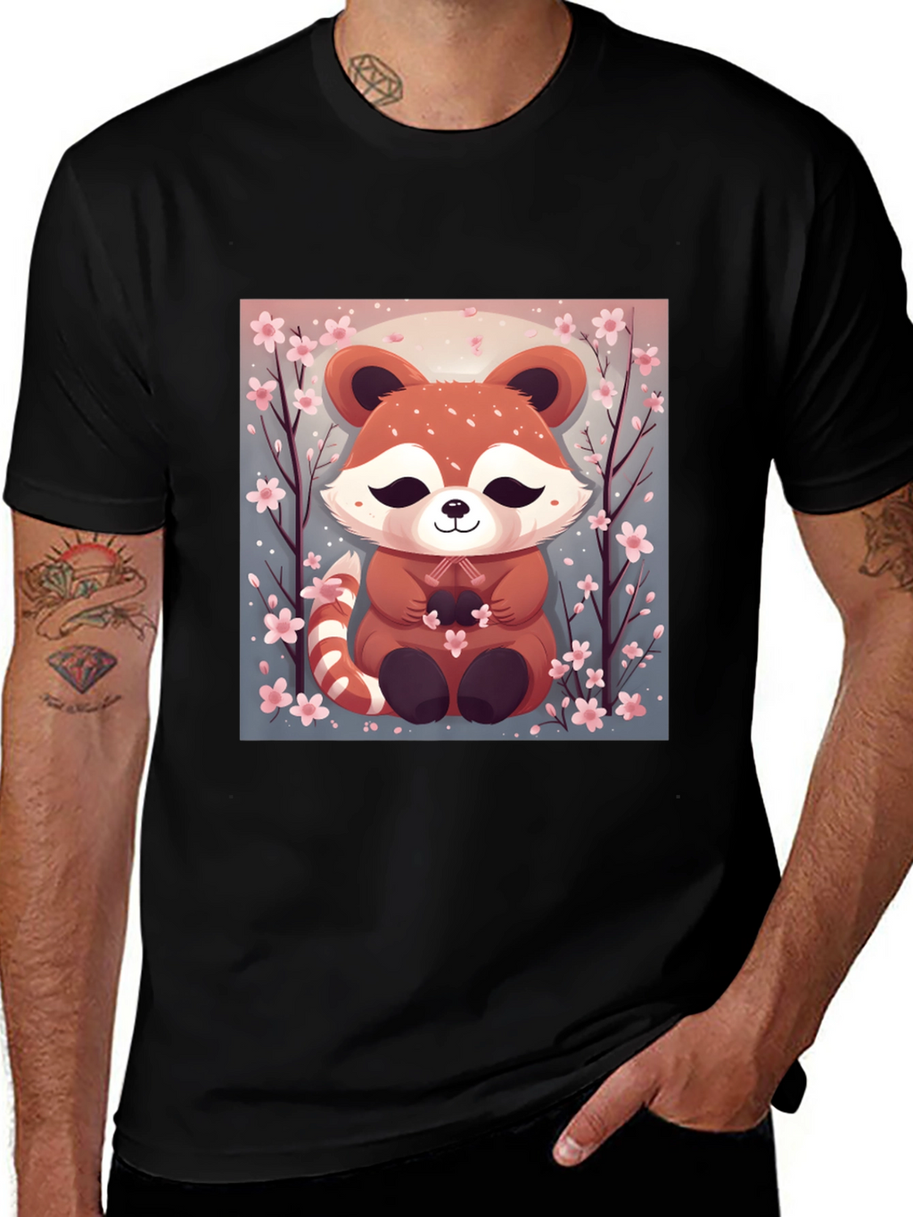 Cute Red Panda Cherry Blossom Black T-Shirt