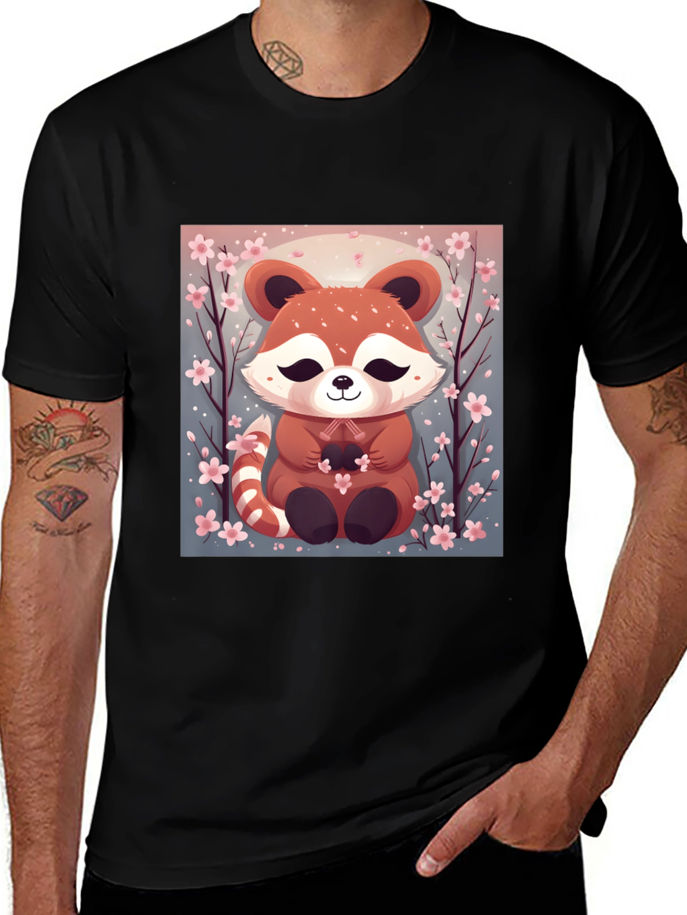 Cute Red Panda Cherry Blossom Black T-Shirt