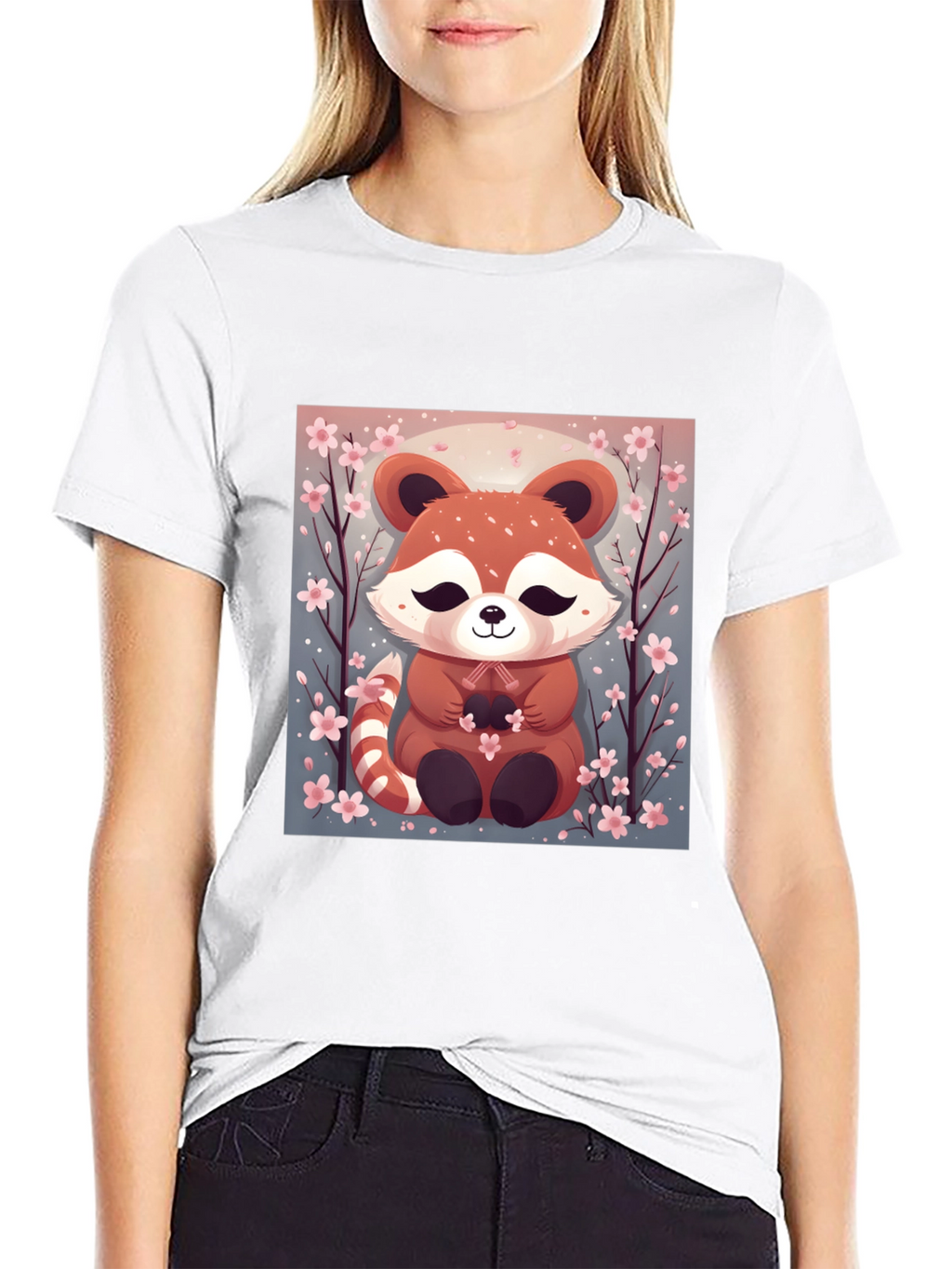 Cute Red Panda Cherry Blossom Black T-Shirt