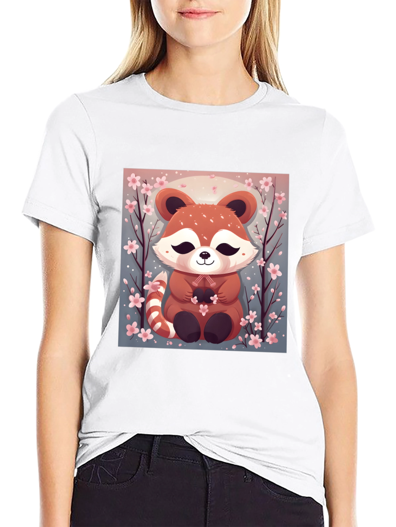 Cute Red Panda Cherry Blossom Black T-Shirt