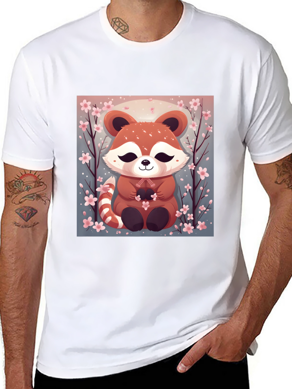 Cute Red Panda Cherry Blossom Black T-Shirt