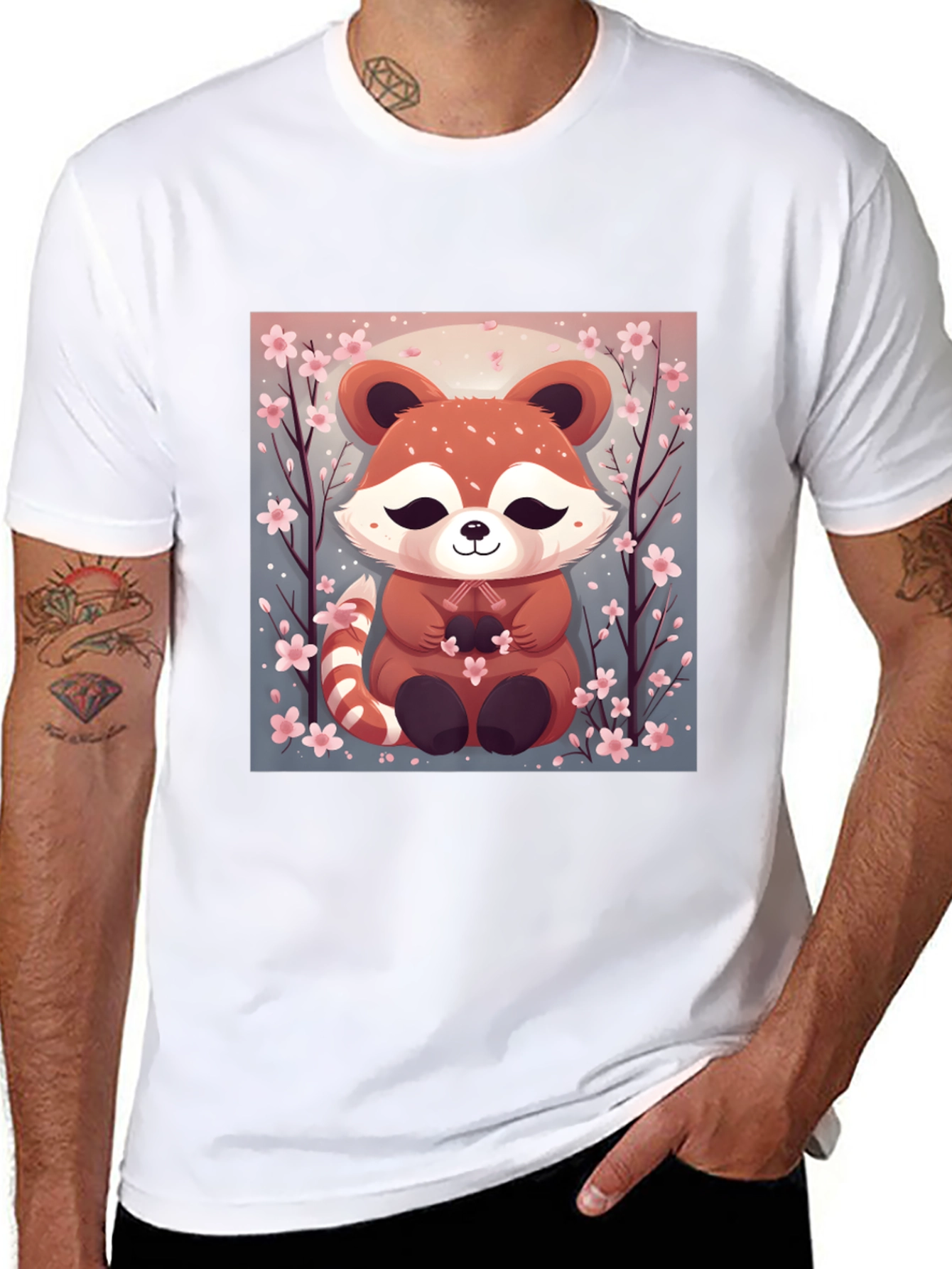 Cute Red Panda Cherry Blossom Black T-Shirt