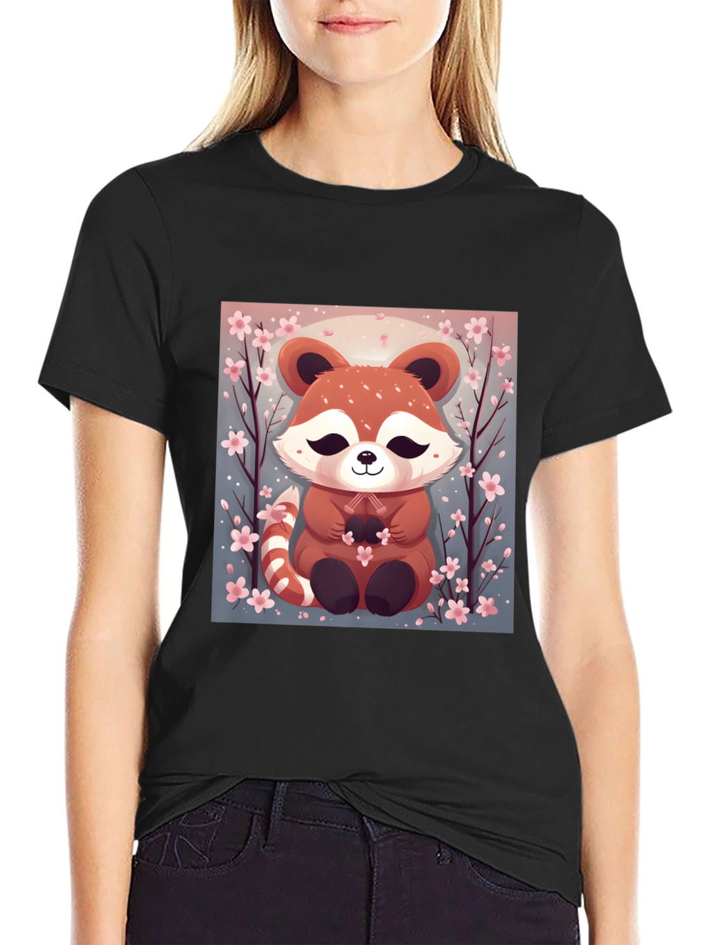 Cute Red Panda Cherry Blossom Black T-Shirt