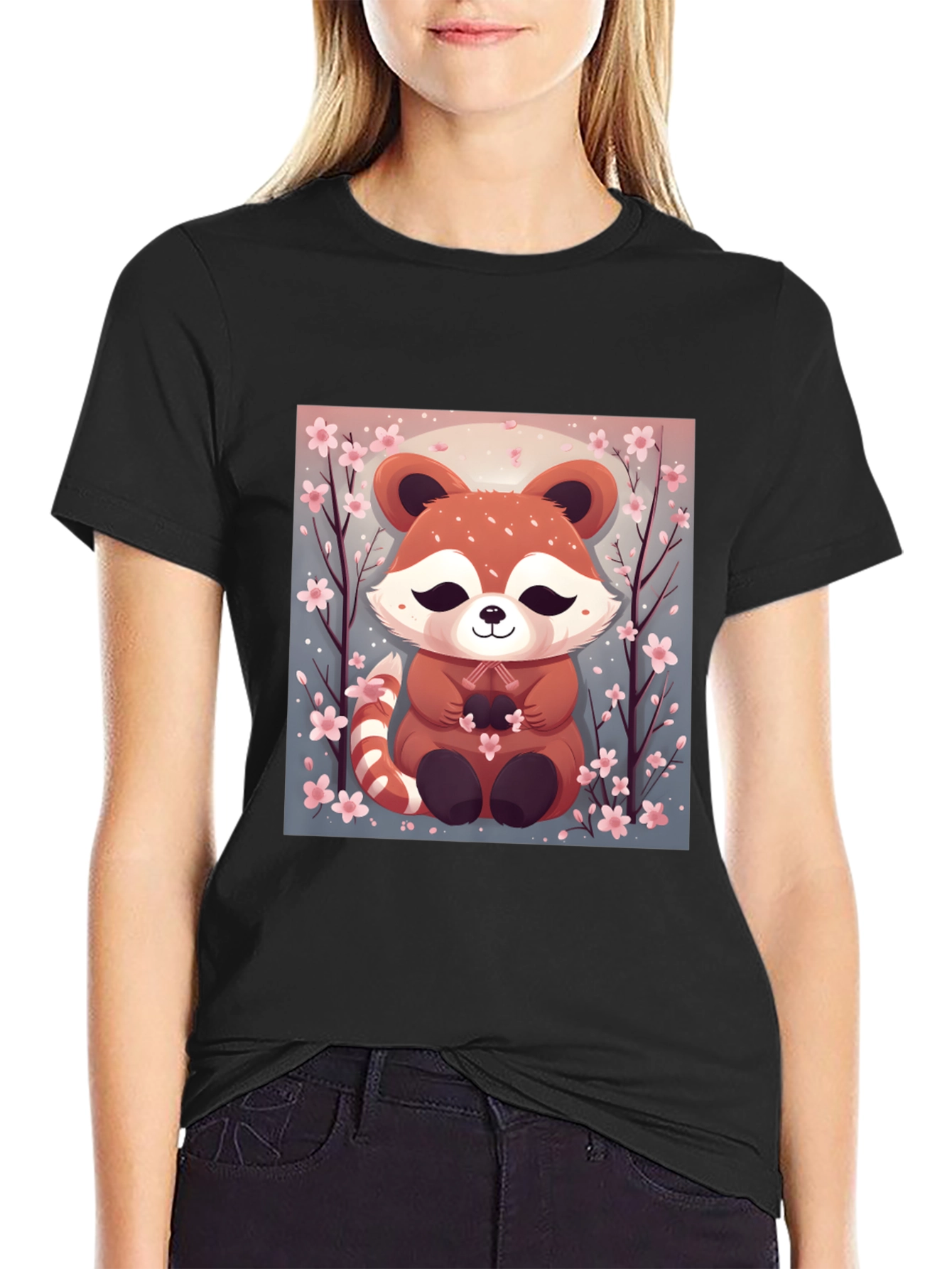 Cute Red Panda Cherry Blossom Black T-Shirt