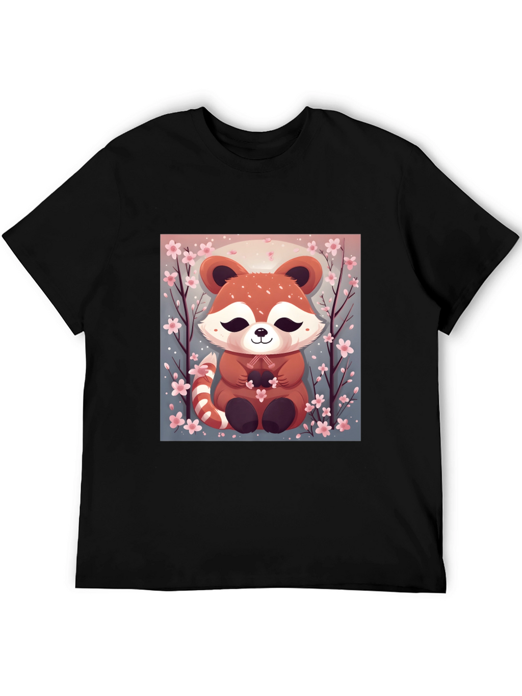 Cute Red Panda Cherry Blossom Black T-Shirt