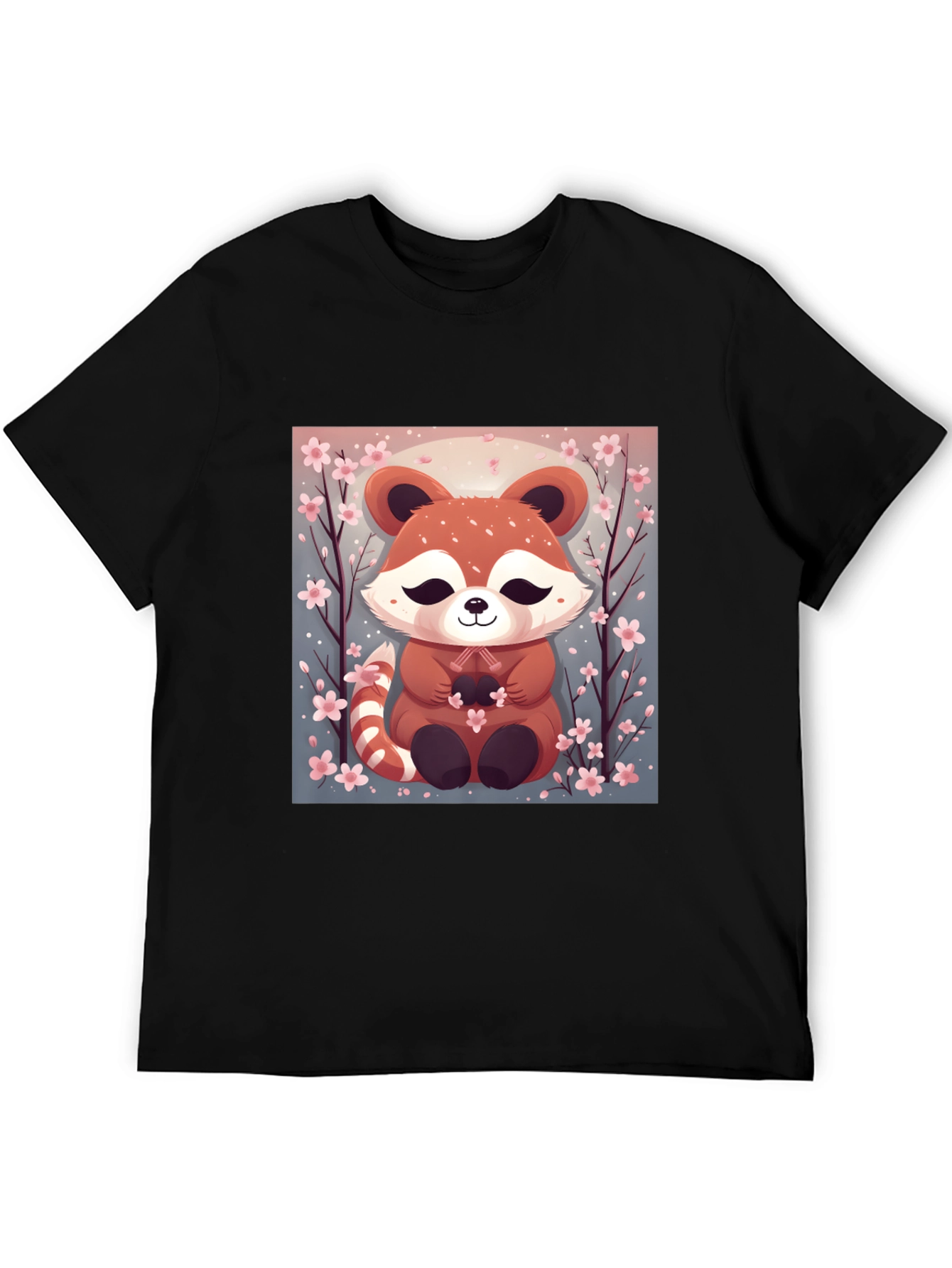 Cute Red Panda Cherry Blossom Black T-Shirt