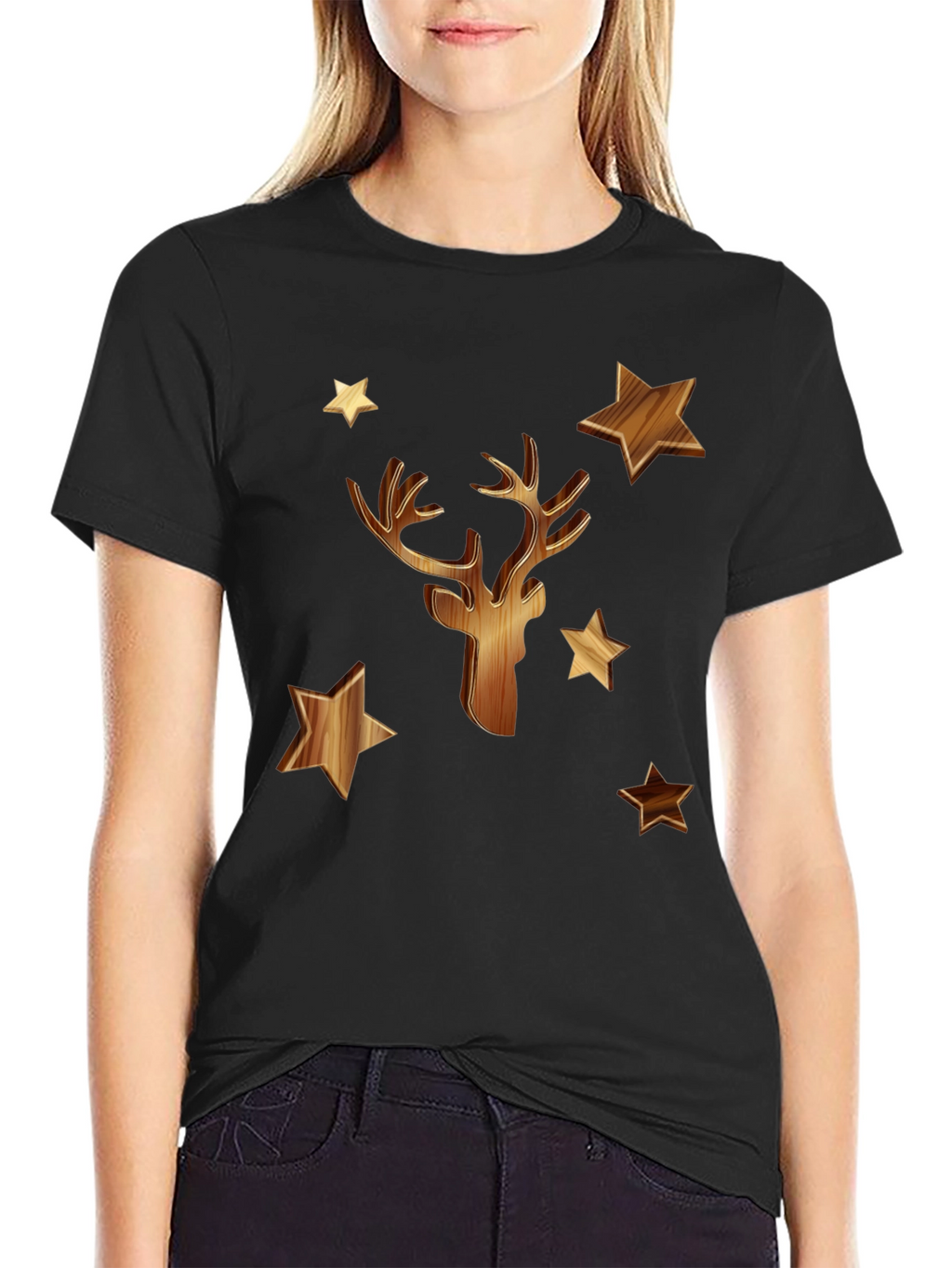 Wooden Deer & Stars Black T-Shirt