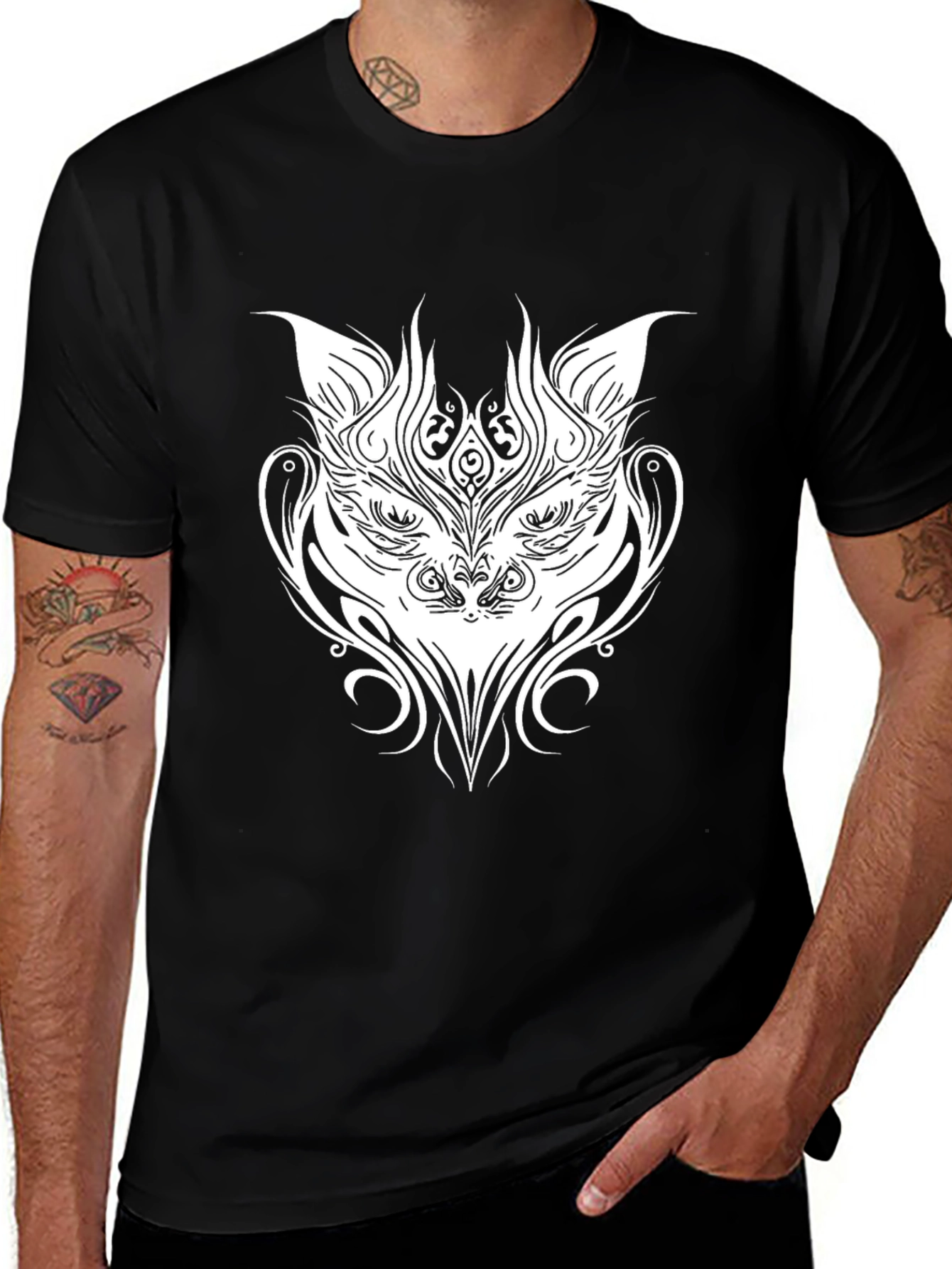 Tribal Cat Graphic Tee - Black Cotton T-Shirt