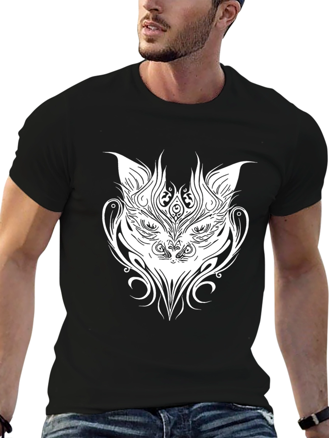 Tribal Cat Graphic Tee - Black Cotton T-Shirt