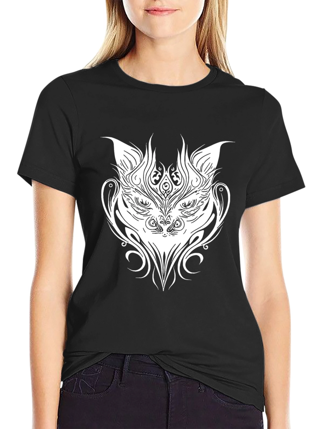 Tribal Cat Graphic Tee - Black Cotton T-Shirt