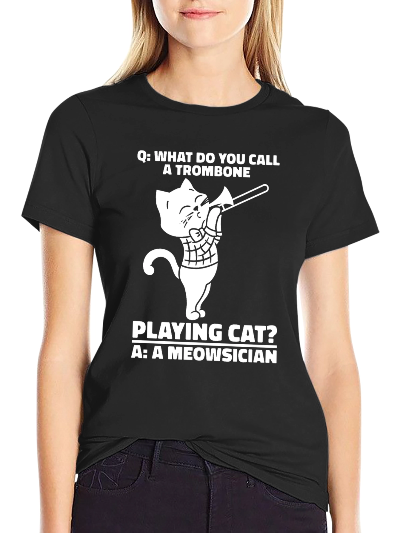 Meowsician Trombone Cat T-Shirt - Black