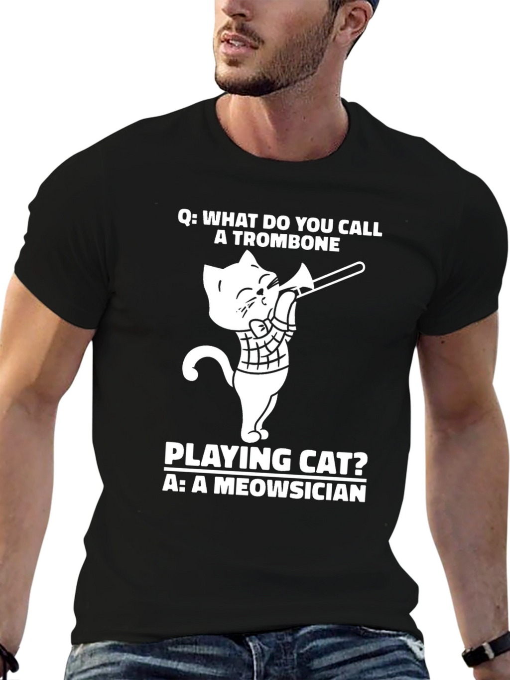 Meowsician Trombone Cat T-Shirt - Black
