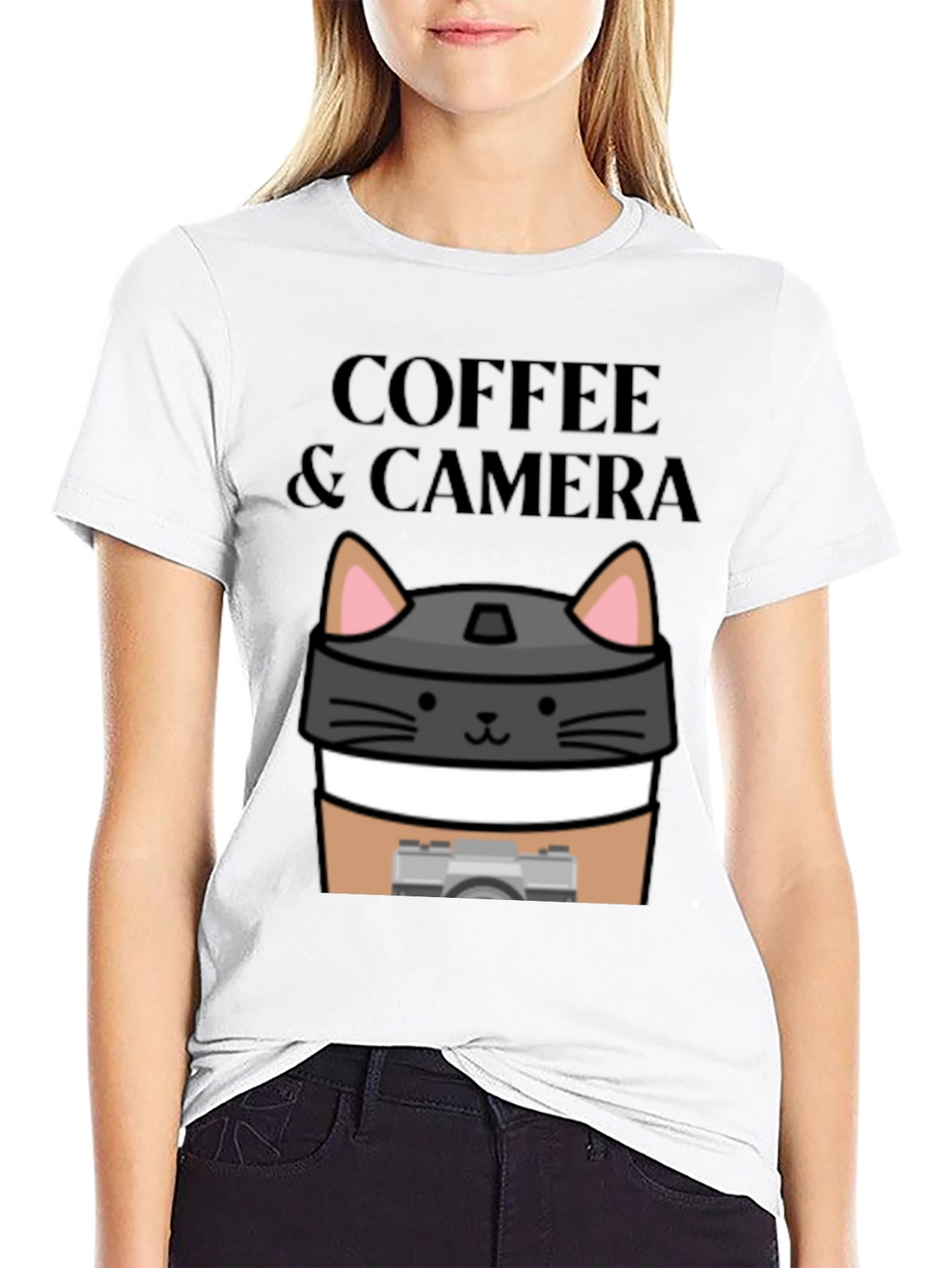 Coffee & Camera Cat Graphic T-Shirt