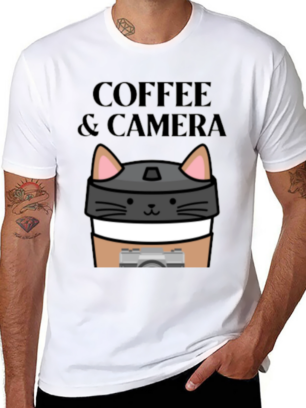 Coffee & Camera Cat Graphic T-Shirt