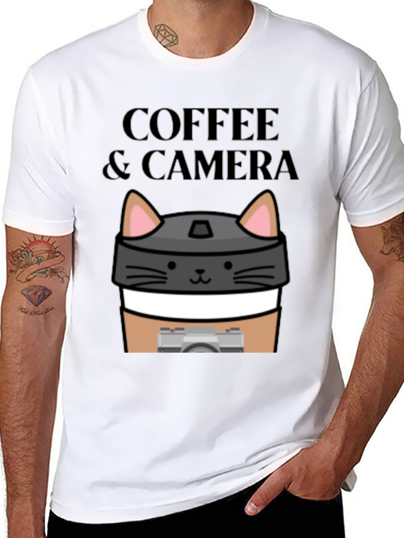 Coffee & Camera Cat Graphic T-Shirt