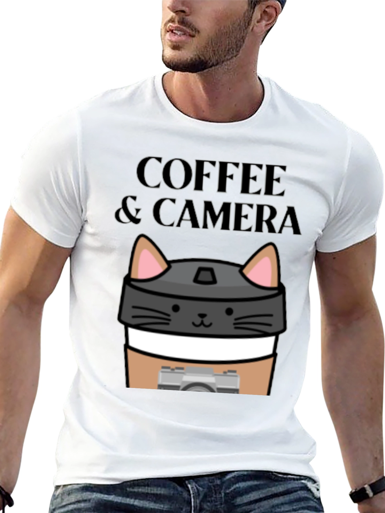 Coffee & Camera Cat Graphic T-Shirt