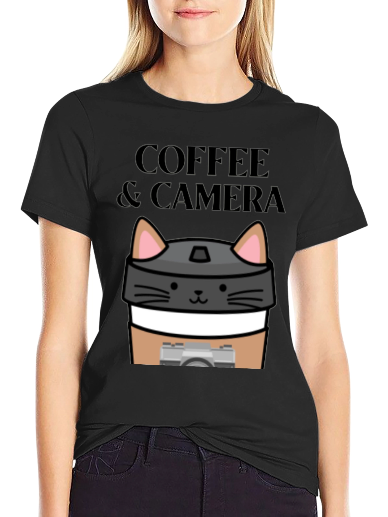 Coffee & Camera Cat Graphic T-Shirt