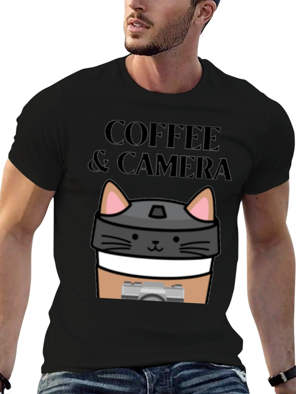 Coffee & Camera Cat Graphic T-Shirt