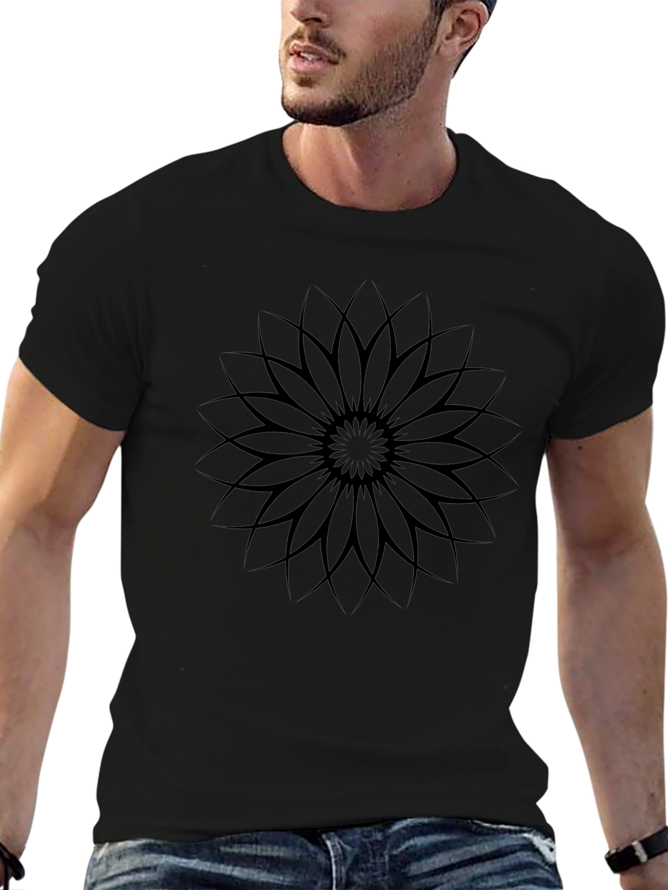 Black Graphic Tee - Geometric Flower Design