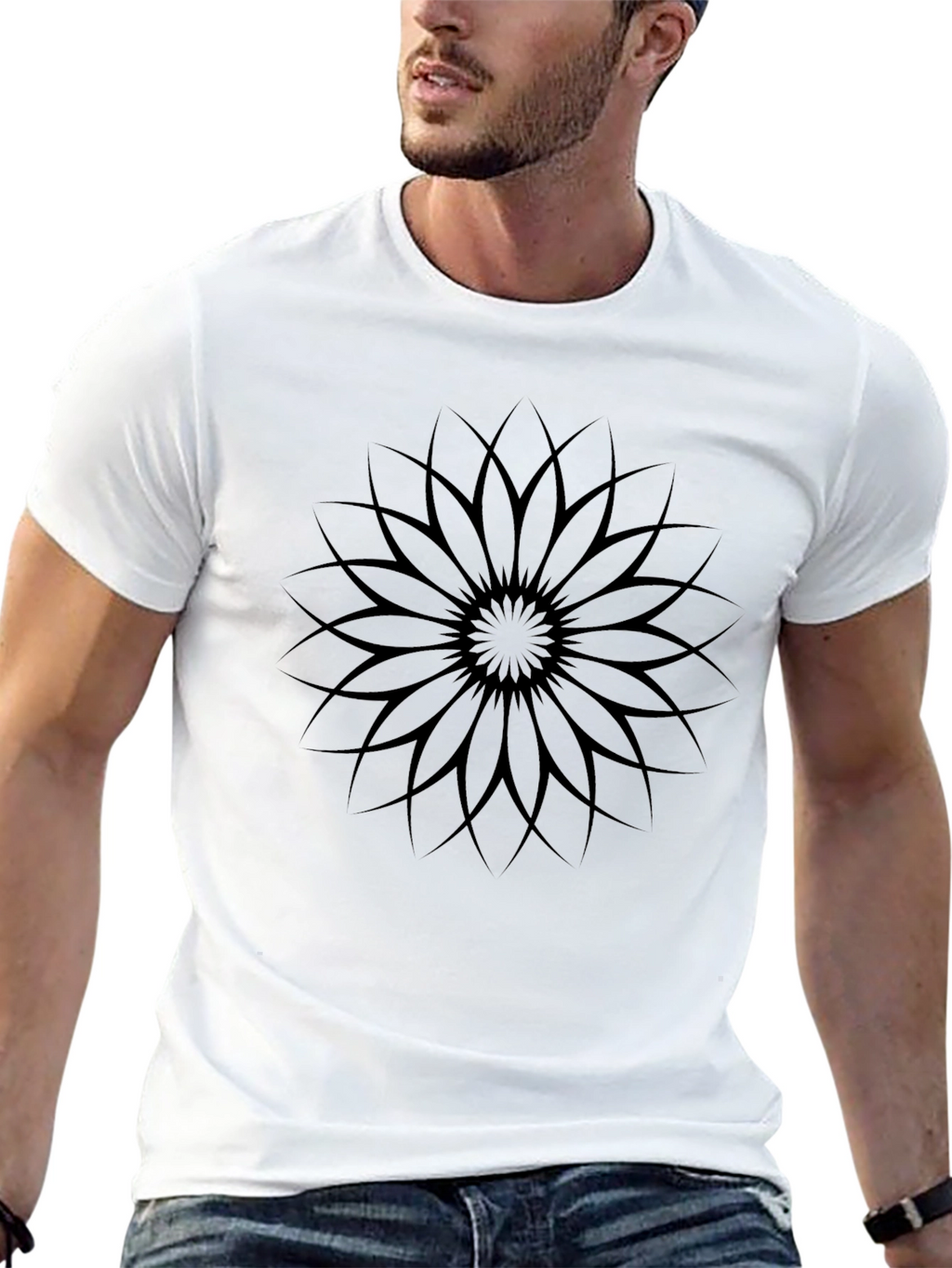 Black Graphic Tee - Geometric Flower Design